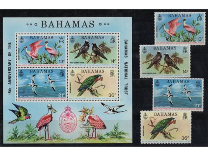 Bahamy 1974, Mi. 370-3 + Bl. 11, xx Ptáci (série + aršík)