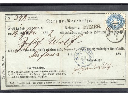 Retour-Recepisse, doručenka 14. Februar 1867 BRIXEN