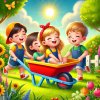 DALL·E 2025 01 15 12.02.09 Children playing with a colorful red and yellow wheelbarrow in a vibrant outdoor garden setting. The children appear joyful and engaged, with one chil