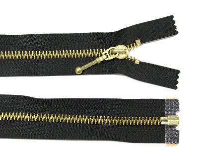 Kovový zip no.5 rozepínací  50cm černý (zlaté zoubky, přívěsek palcát)