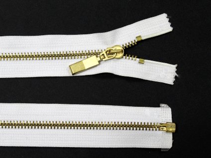 Kovový zip no.5 rozepínací  90cm bílý (zlaté zoubky, ozdobný přívěsek)