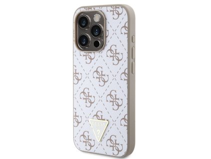 Guess PU Leather 4G Triangle Metal Logo Zadní Kryt pro iPhone 15 Pro White