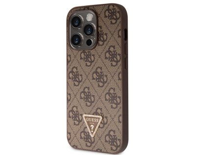 Guess PU 4G Strass Triangle Metal Logo Zadní Kryt pro iPhone 15 Pro Brown