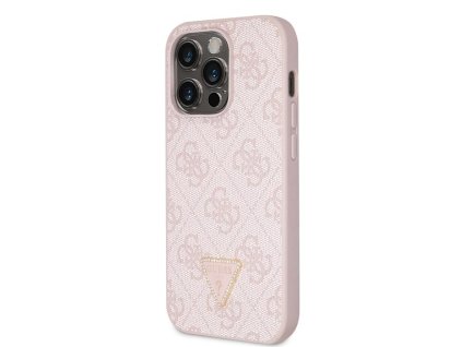 Guess PU 4G Strass Triangle Metal Logo Kryt pro iPhone 15 Pro Pink