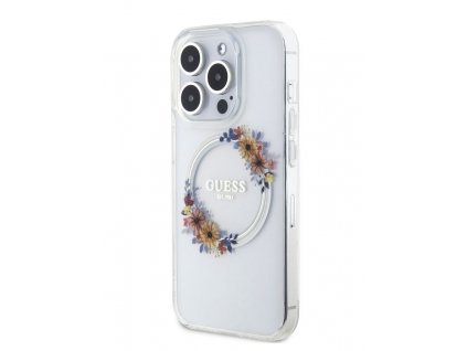 Guess PC/TPU Flowers Ring Glossy Logo MagSafe Zadní Kryt pro iPhone 15 Pro Transparent