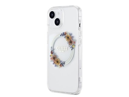 Guess PC/TPU Flowers Ring Glossy Logo MagSafe Zadní Kryt pro iPhone 15 Transparent