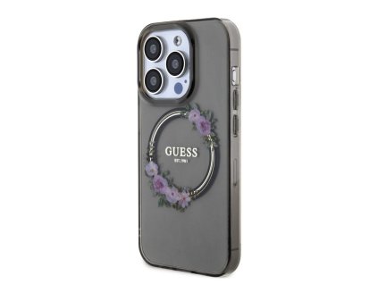 Guess PC/TPU Flowers Ring Glossy Logo MagSafe Zadní Kryt pro iPhone 15 Pro Black