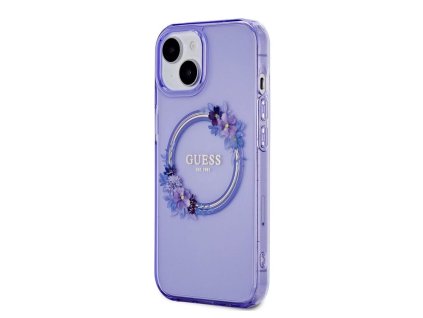 Guess PC/TPU Flowers Ring Glossy Logo MagSafe Zadní Kryt pro iPhone 15 Purple