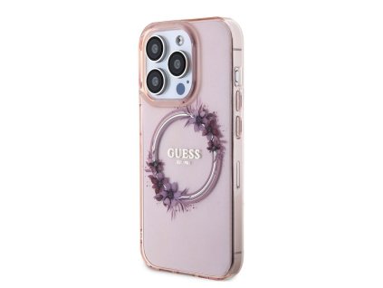 Guess PC/TPU Flowers Ring Glossy Logo MagSafe Zadní Kryt pro iPhone 15 Pro Max Pink