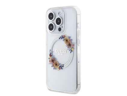 Guess PC/TPU Flowers Ring Glossy Logo MagSafe Zadní Kryt pro iPhone 15 Pro Max Transparent