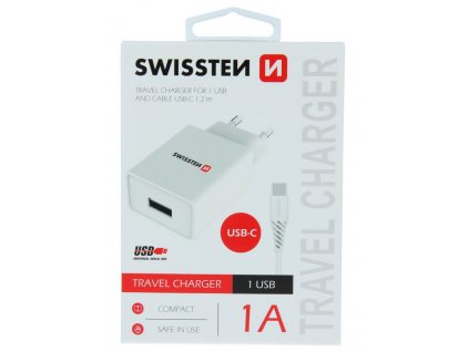Swissten síťový adaptér Smart IC 1x USB 1A Power + datový kabel USB/C 1,2m bílý