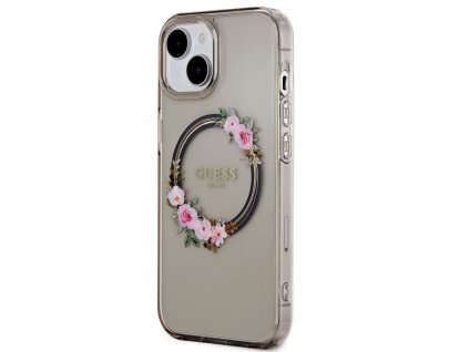 Guess PC/TPU Flowers Ring Glossy Logo MagSafe Zadní Kryt pro iPhone 15 Black