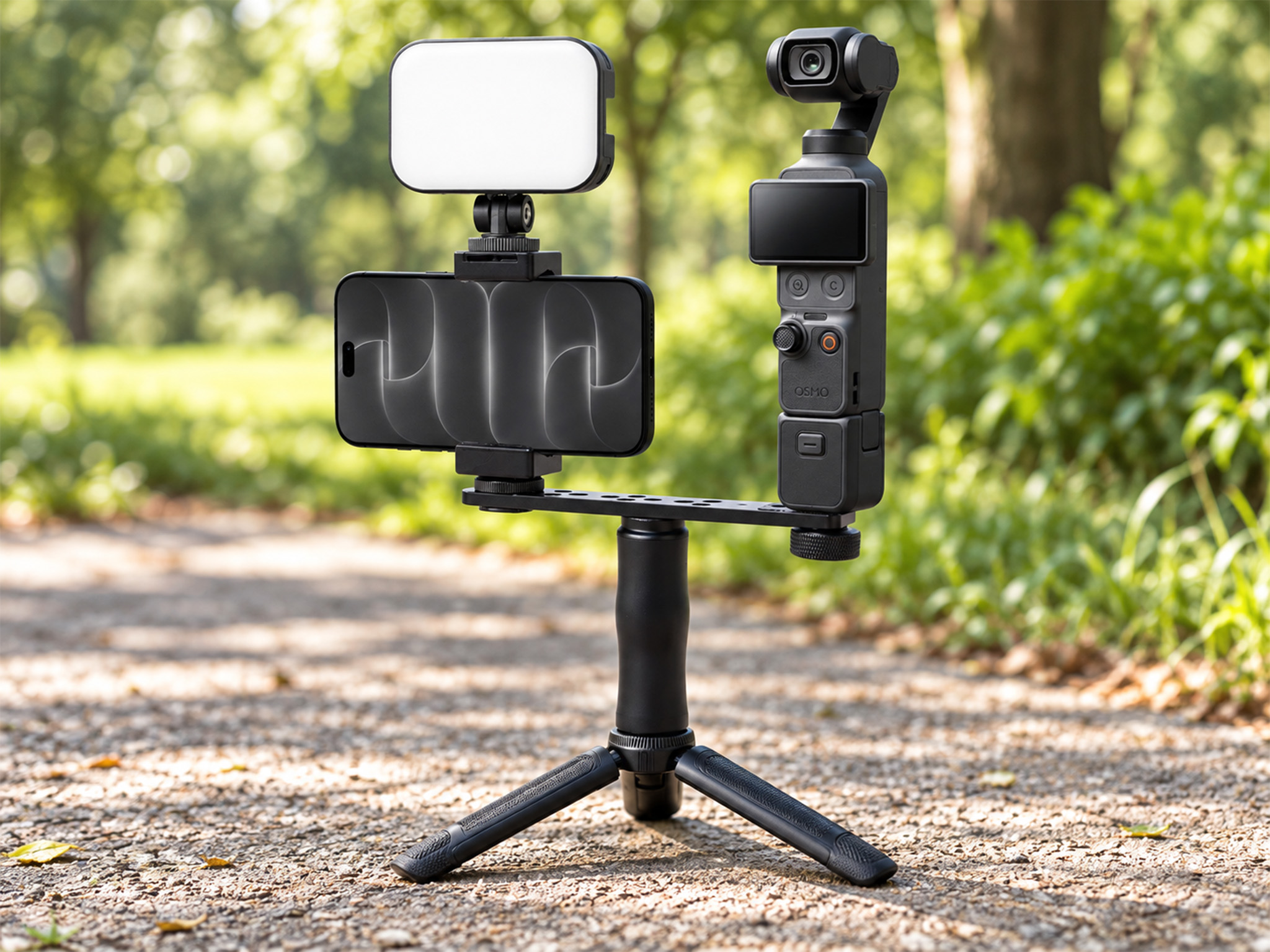 Apexel Setup mit Smartphone und Kamera auf einem kleinen Stativ im Freien
