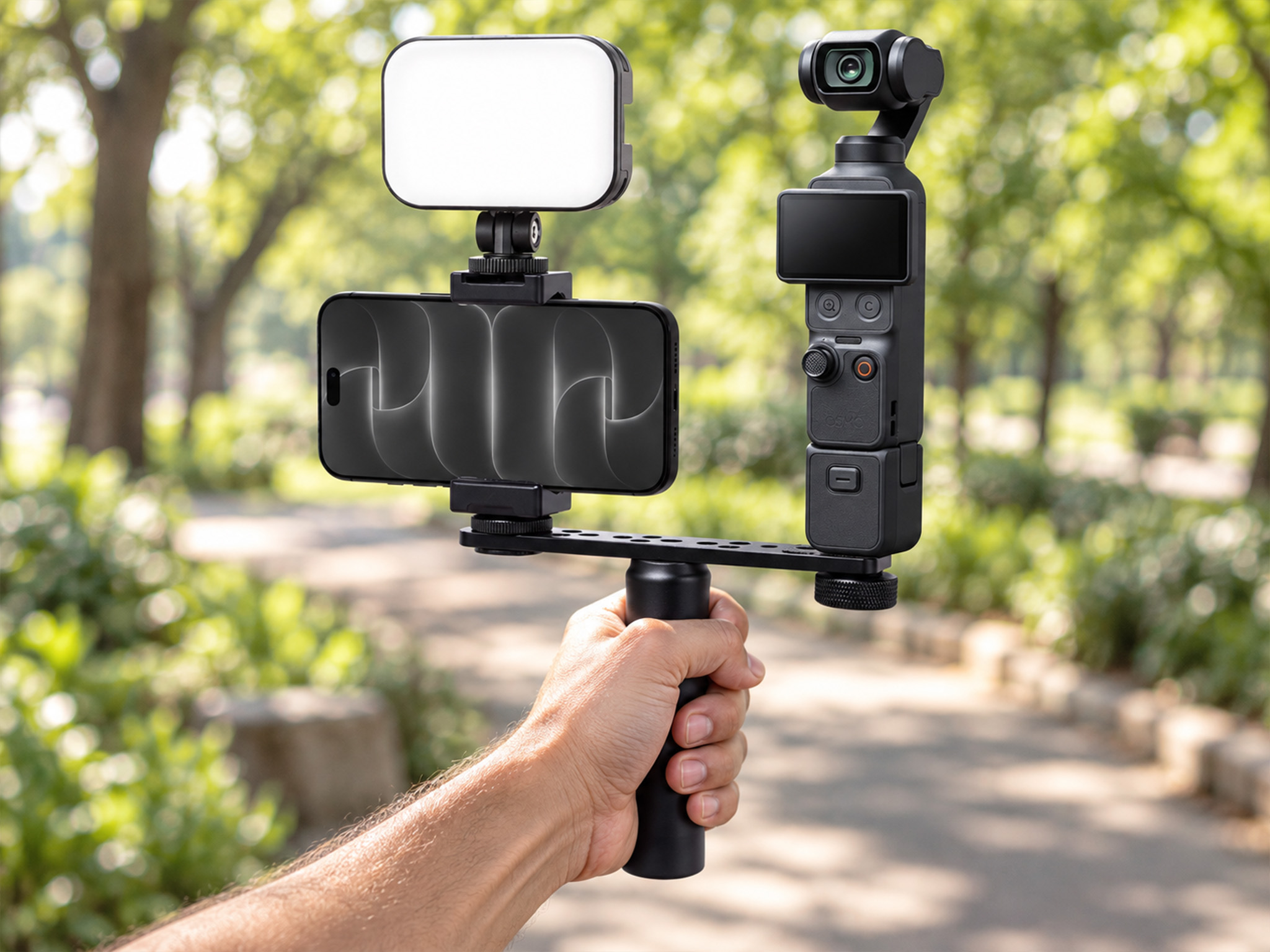 Apexel Metallhalterung in der Hand mit Smartphone, Osmo Pocket und LED-Leuchte