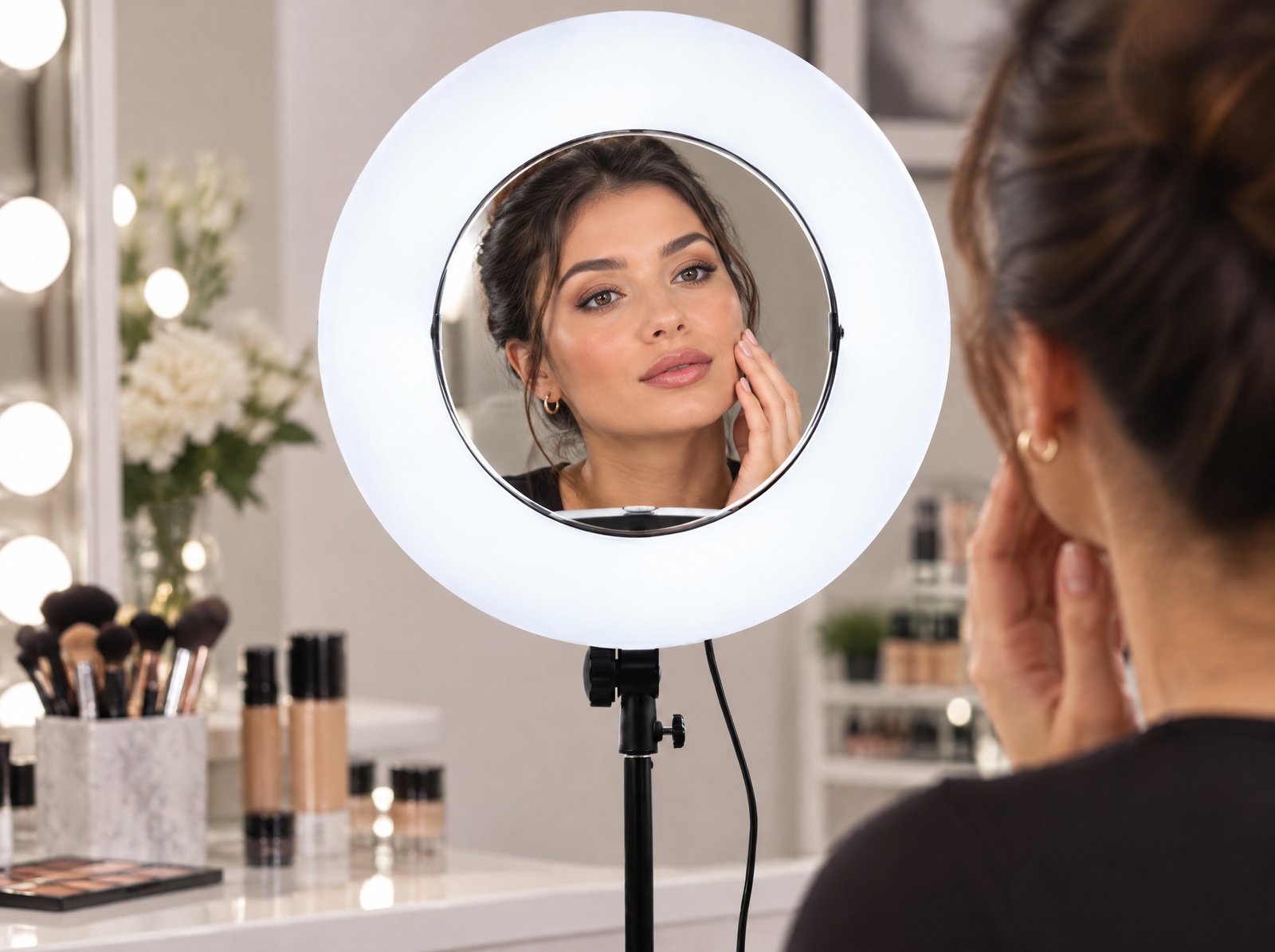 Eine Frau prüft ihr Make-up im Spiegel in der Mitte des Ringlichts (illustrative Visualisierung)