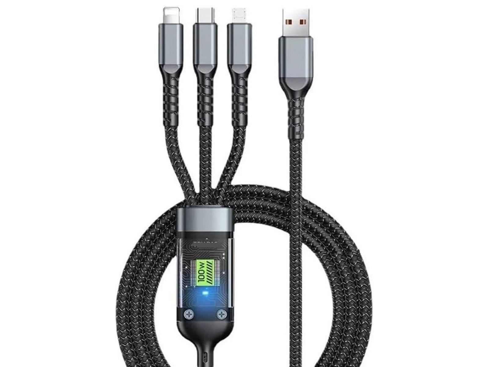 3v1 Multifunkční USB kabel 100W 2m pro rychlé nabíjení (USB-C, Lightning, Micro USB)