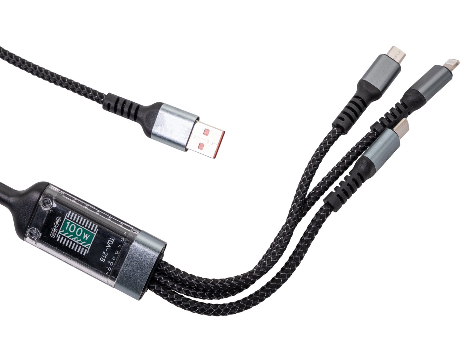 3v1 Multifunkční USB kabel 100W 2m pro rychlé nabíjení (USB-C, Lightning, Micro USB)