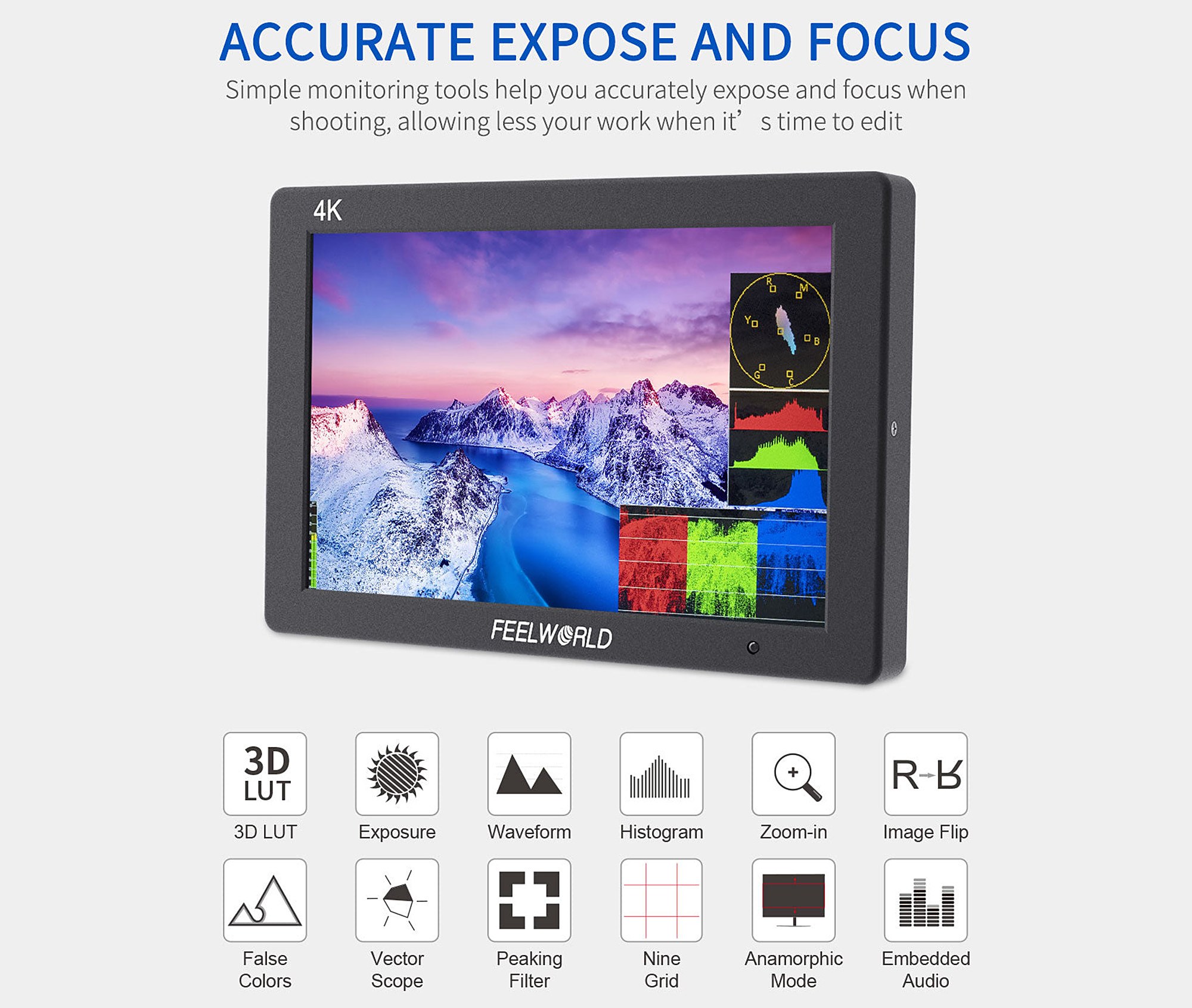 Pomocné funkce Feelworld T7 PLUS pro expozici a ostření