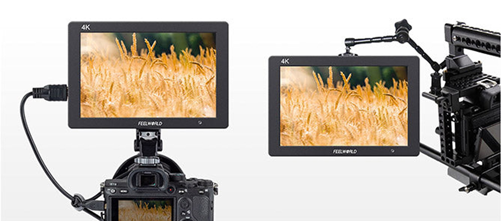 Feelworld T7 PLUS na fotoaparátu a na kameře s klecí