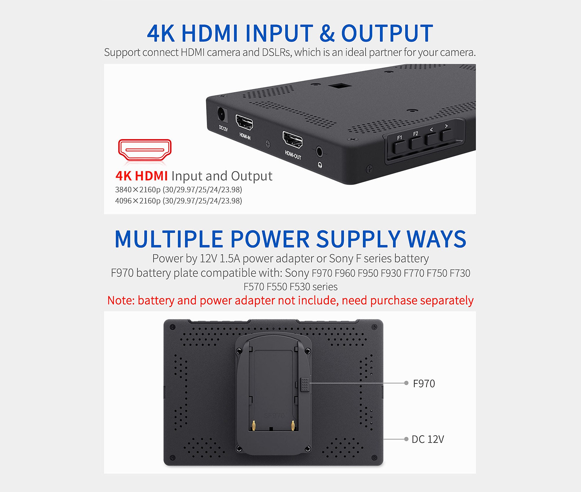 Vstup a výstup HDMI 4K a napájení Feelworld T7 PLUS