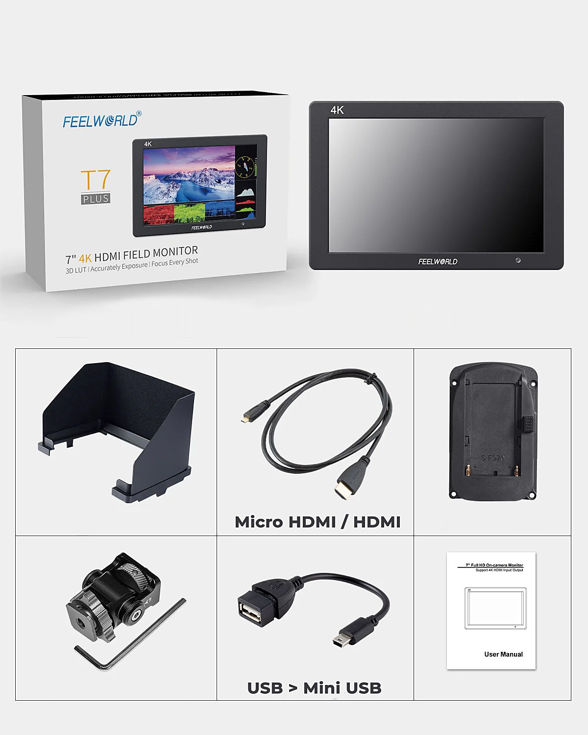 Obsah balení Feelworld T7 PLUS: monitor, stínítko, kabel micro HDMI, nástavec NP-F970, hlavička s klíčem, kabel USB, návod