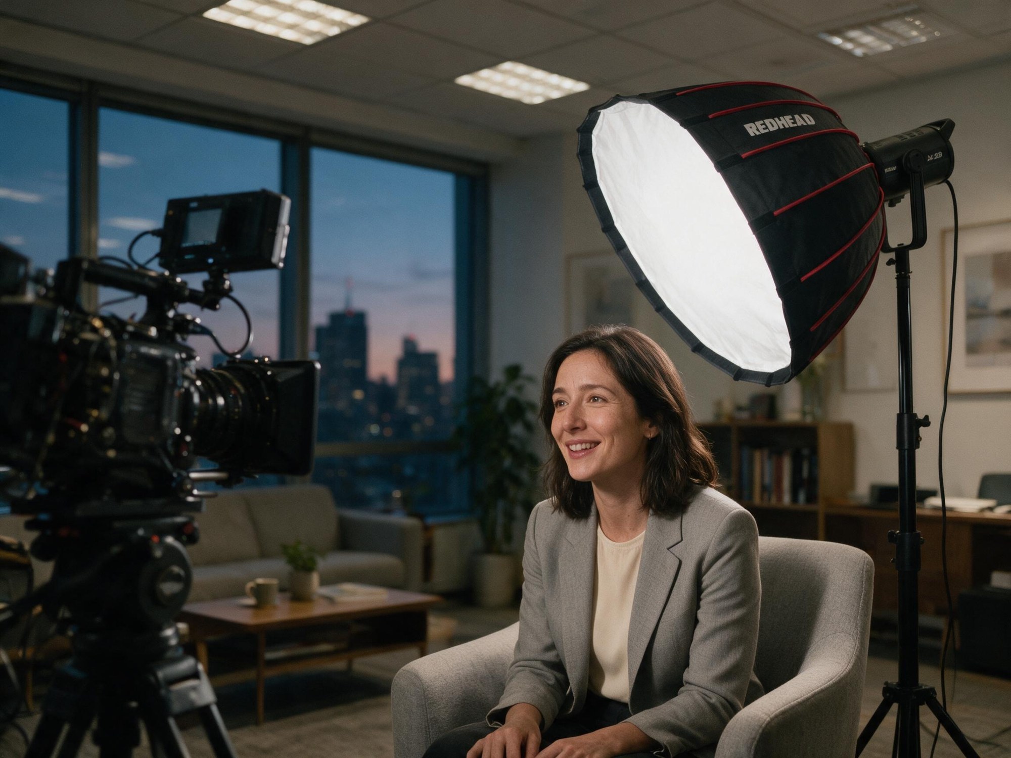 LX-22B mit parabolischer Softbox bei einem Interview mit einer Managerin (illustrative Visualisierung)