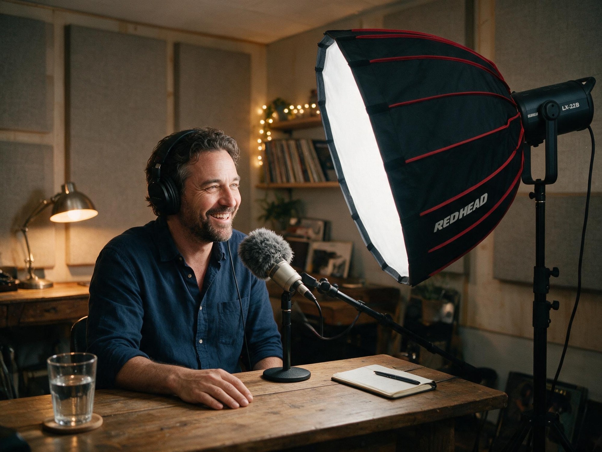 LX-22B mit parabolischer Softbox beleuchtet einen Podcast-Moderator (illustrative Visualisierung)