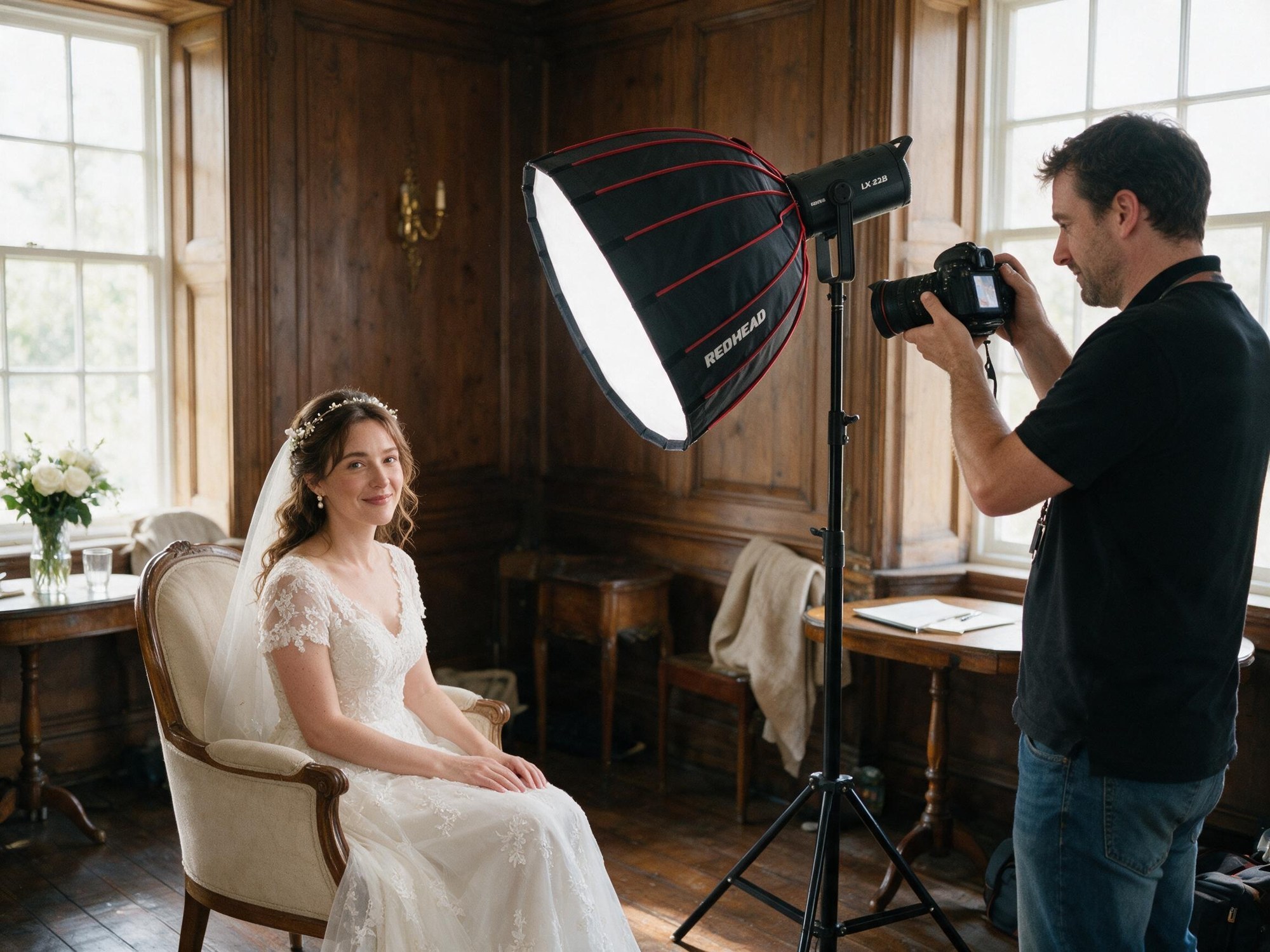 LX-22B mit Softbox beleuchtet eine Braut beim Fotoshooting (illustrative Visualisierung)