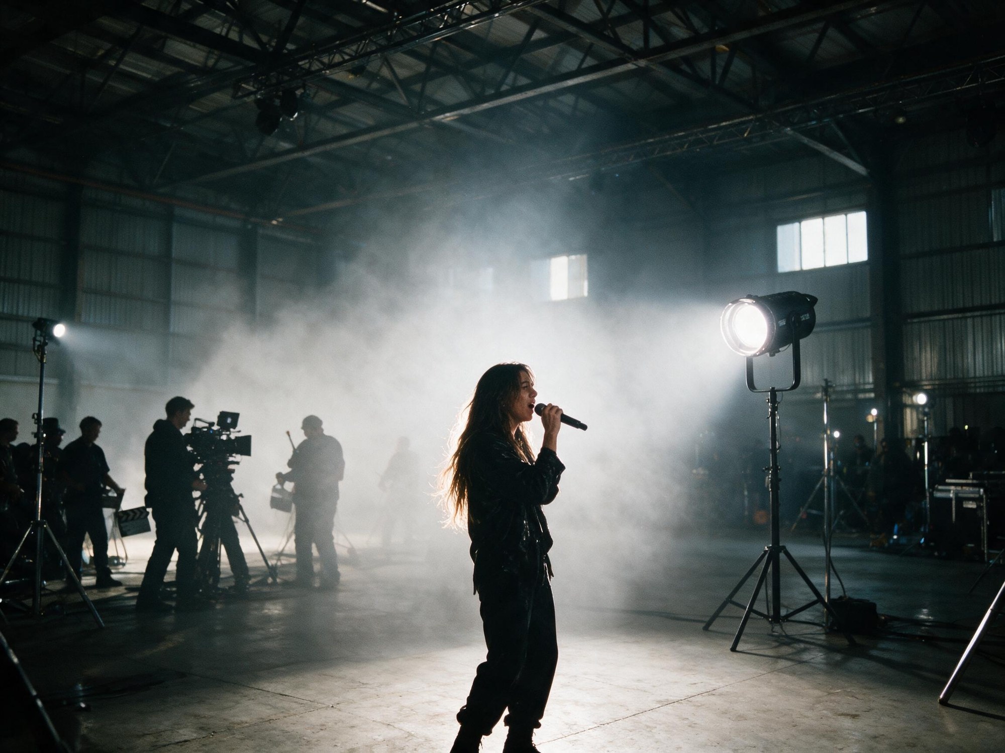 LX-22B als Gegenlicht bei einem Musikvideodreh in einer verrauchten Halle (illustrative Visualisierung)