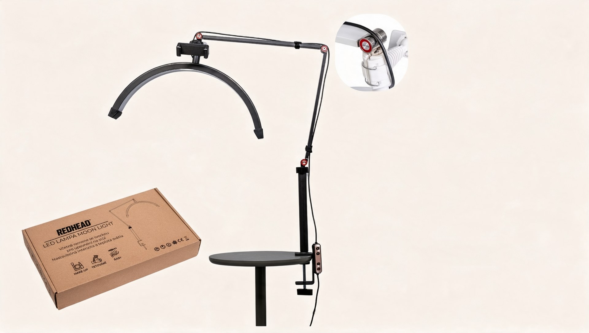 Stolová lampa Half Moon s ramenom, svorkou a krabicou