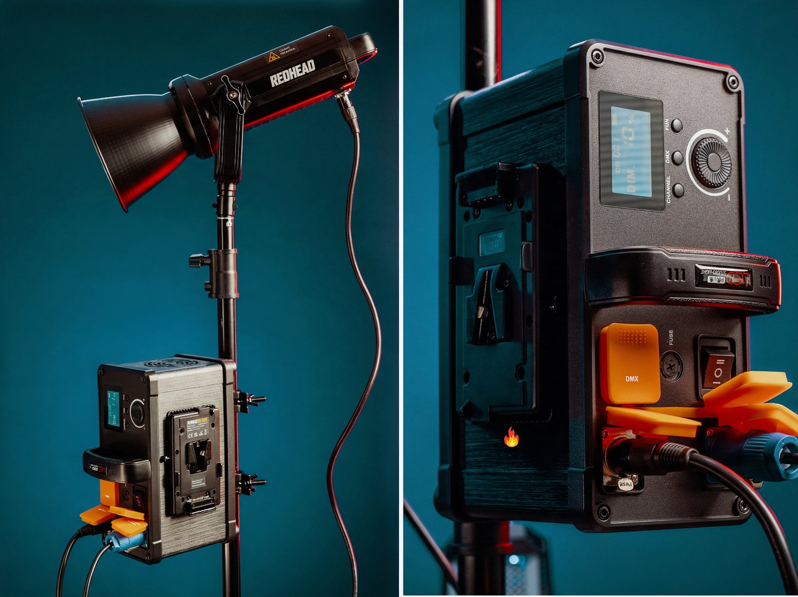 DX-3500 na stativu s ballastem a bateriemi V-mount