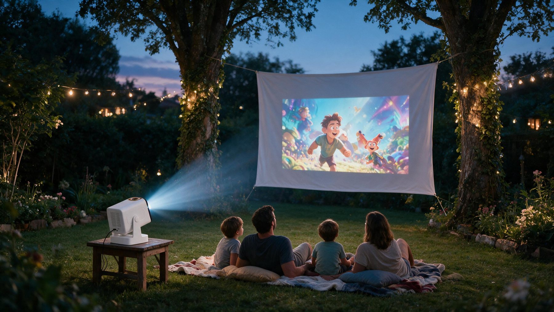 Letní kino na zahradě s projektorem na stolku (ilustrační vizualizace)