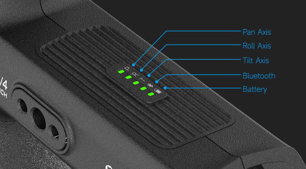 Stavové kontrolky os Pan, Roll a Tilt, Bluetooth a baterie na těle SCORP 3
