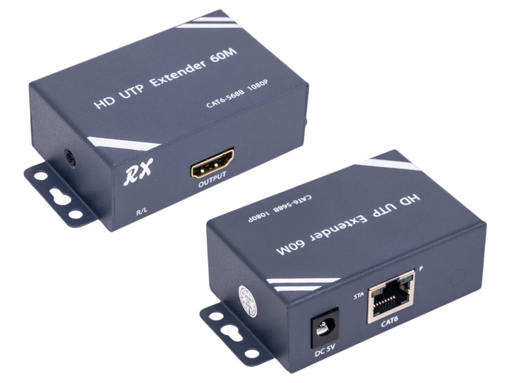 Přijímač LinkCast z obou stran – CAT6, napájení, HDMI a audio R/L