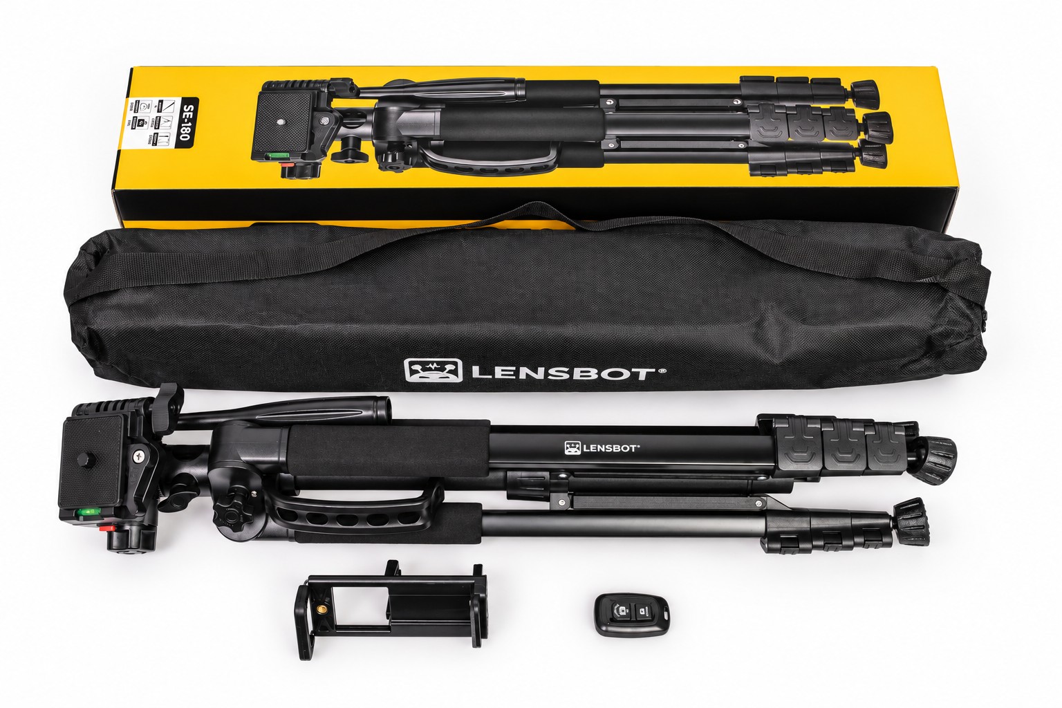 LENSBOT SE-180 – Verpackung, Stativ, Tasche, Smartphone-Halterung und Fernauslöser