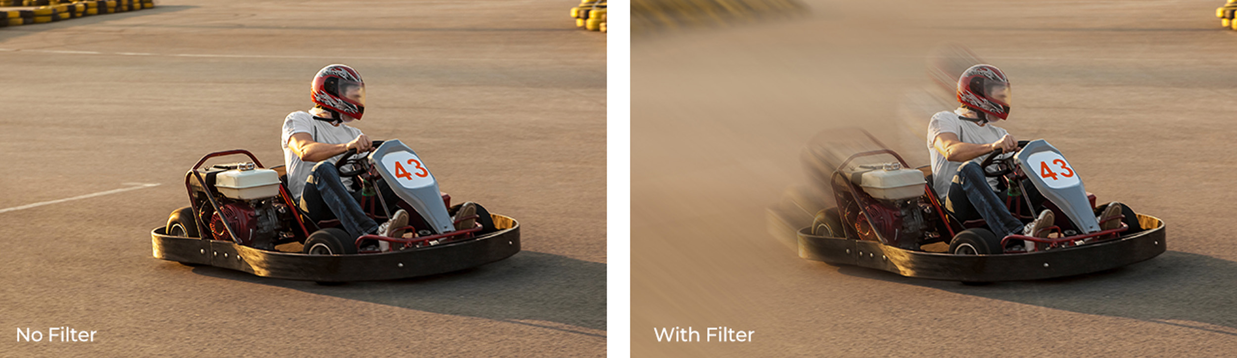 Porovnání snímku motokáry bez filtru a s efektem Motion Blur