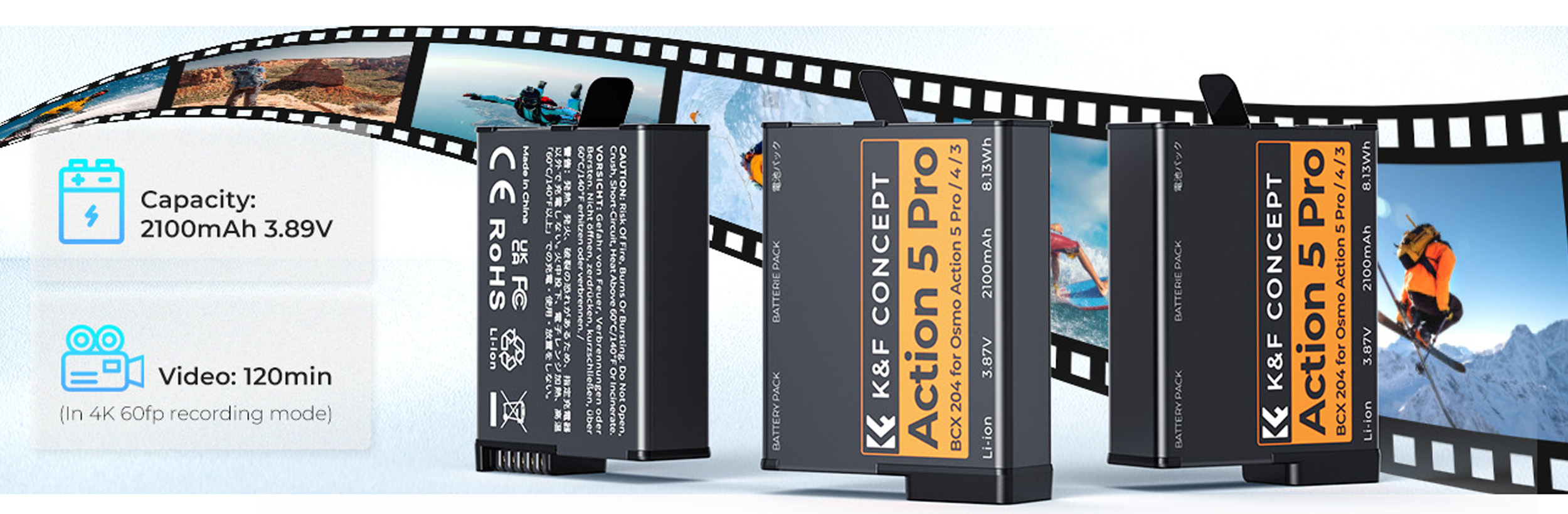 Tři baterie K&F Concept s kapacitou 2100 mAh pro akční kamery