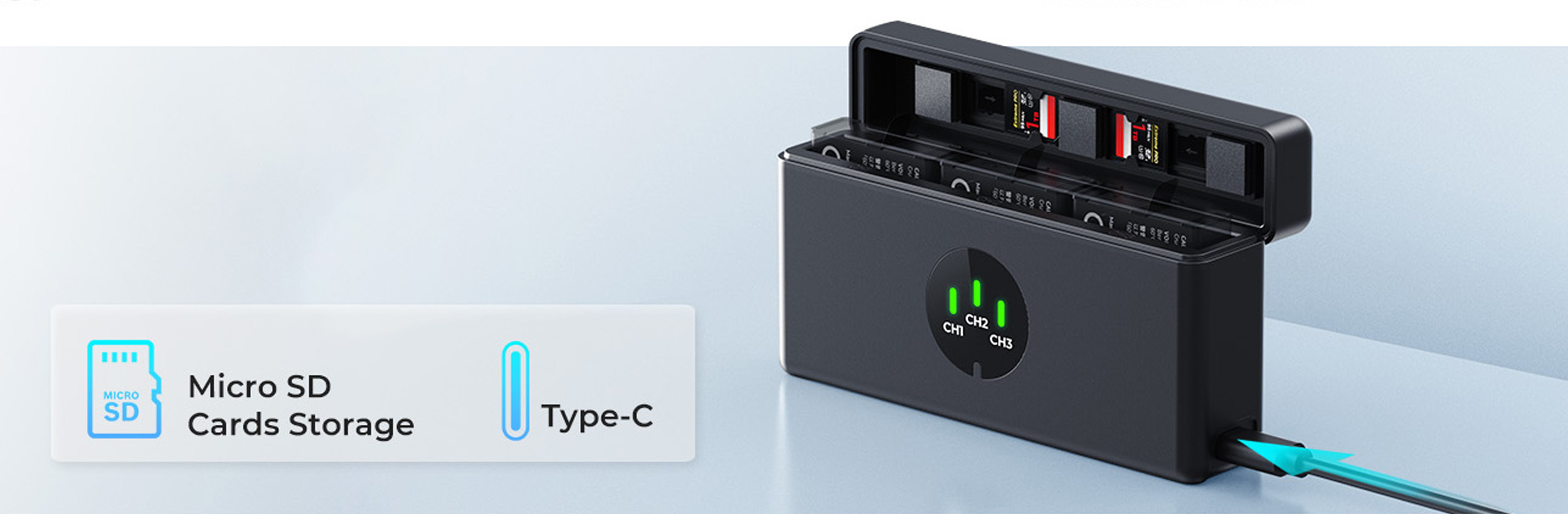 Nabíjecí pouzdro se třemi kanály, USB-C vstupem a prostorem pro microSD karty