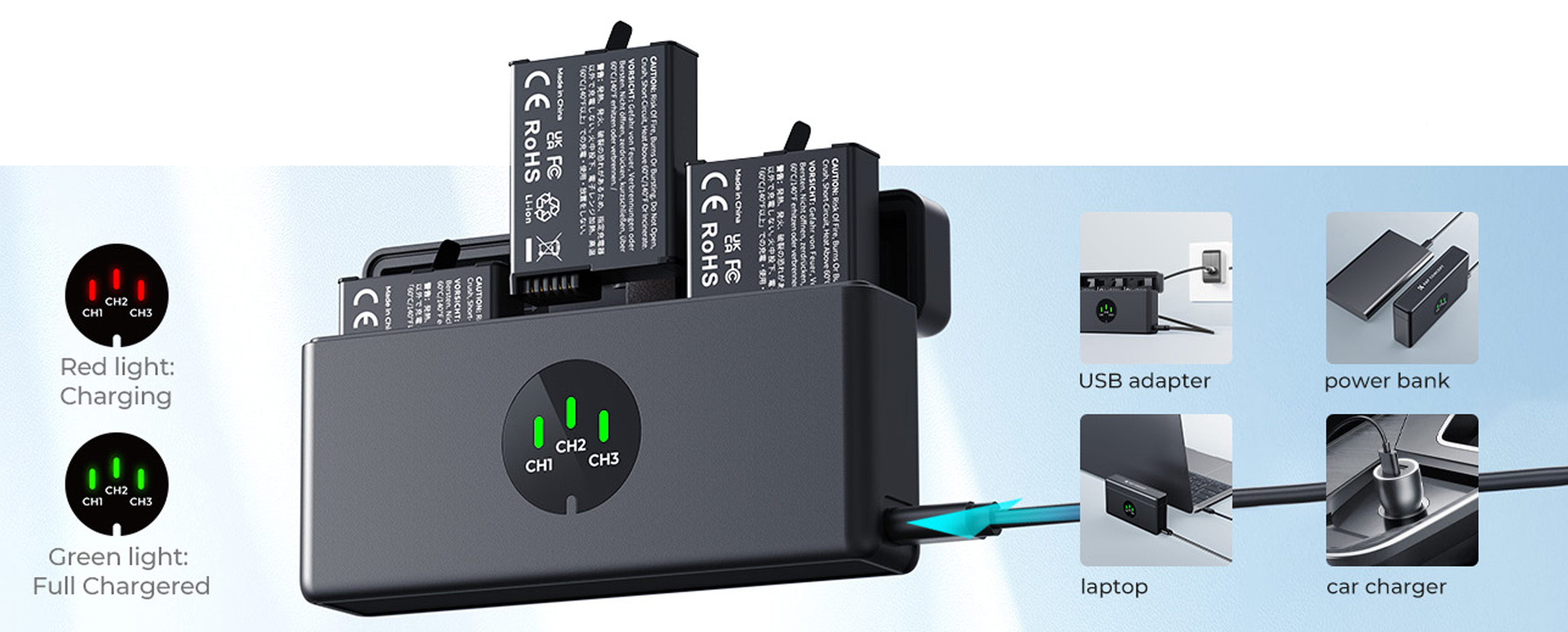 Nabíjení tří baterií přes USB-C a červené a zelené LED indikátory jednotlivých kanálů