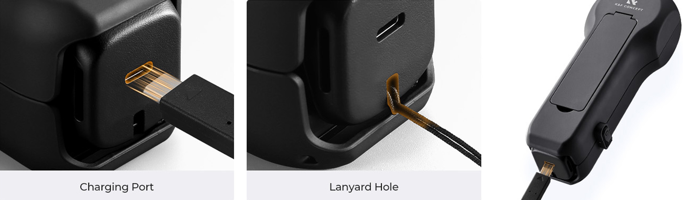 Přístup k USB-C nabíjecímu portu a otvoru pro poutko bez vyjímání kamery z pouzdra