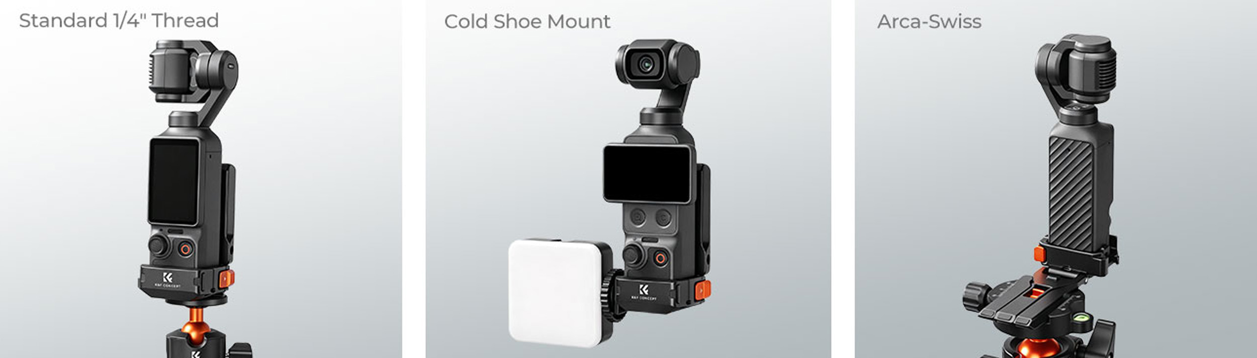 Závit 1/4 palce, sáňky cold shoe a uchycení Arca-Swiss na kleci K&F Concept PP63
