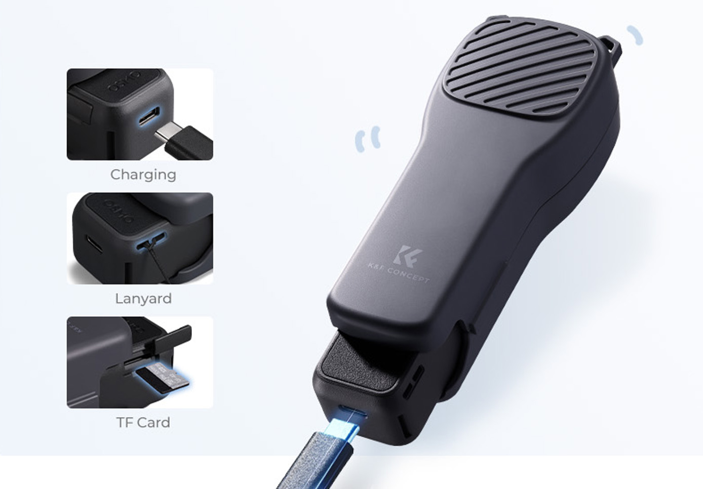 Přístup k nabíjecímu portu USB-C, paměťové kartě a uchycení poutka bez vyjmutí kamery
