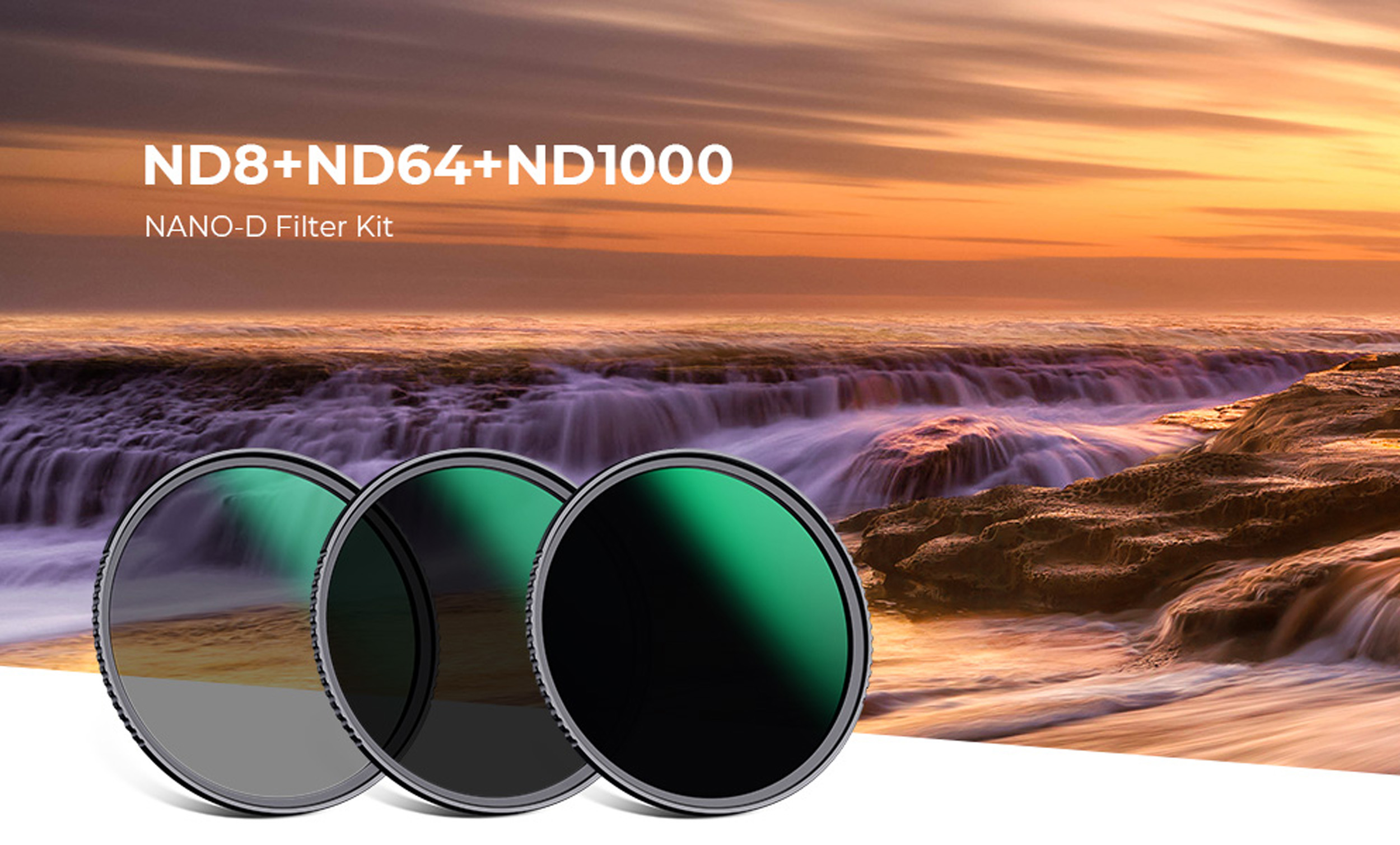 Sada tří ND filtrů K&F Concept Nano-D ND8, ND64 a ND1000 pro fotografování krajiny a dlouhé expozice