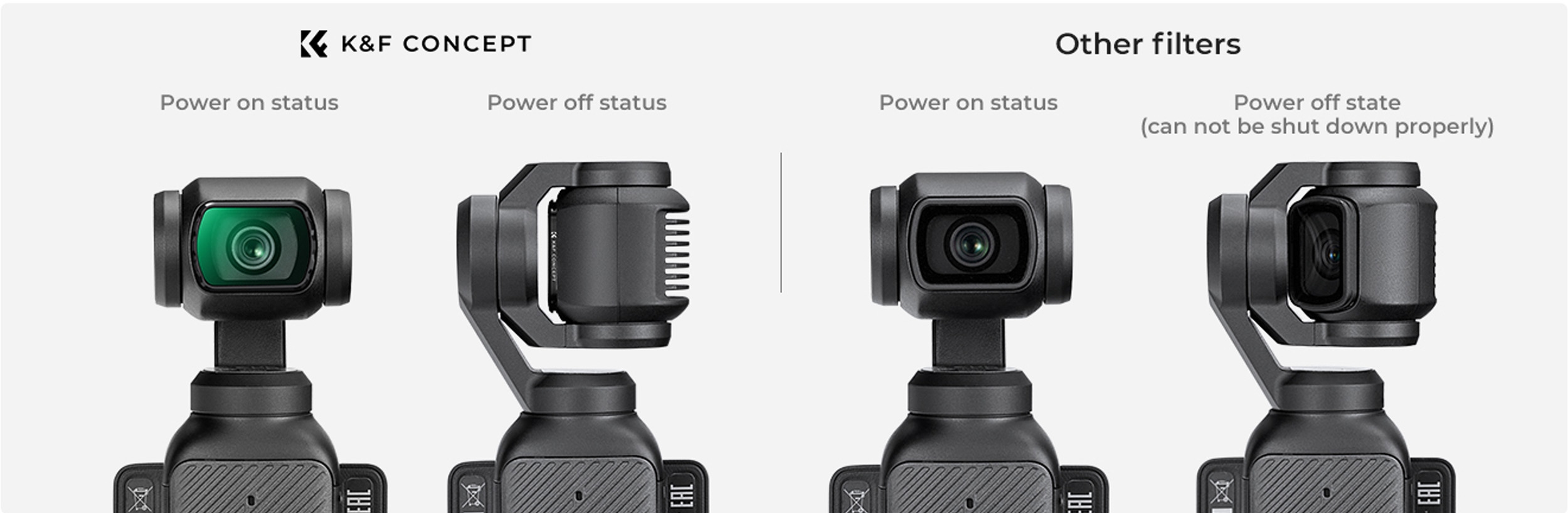 Ukázka polohy gimbalu při zapnutí a vypnutí kamery s tenkým filtrem K&F Concept