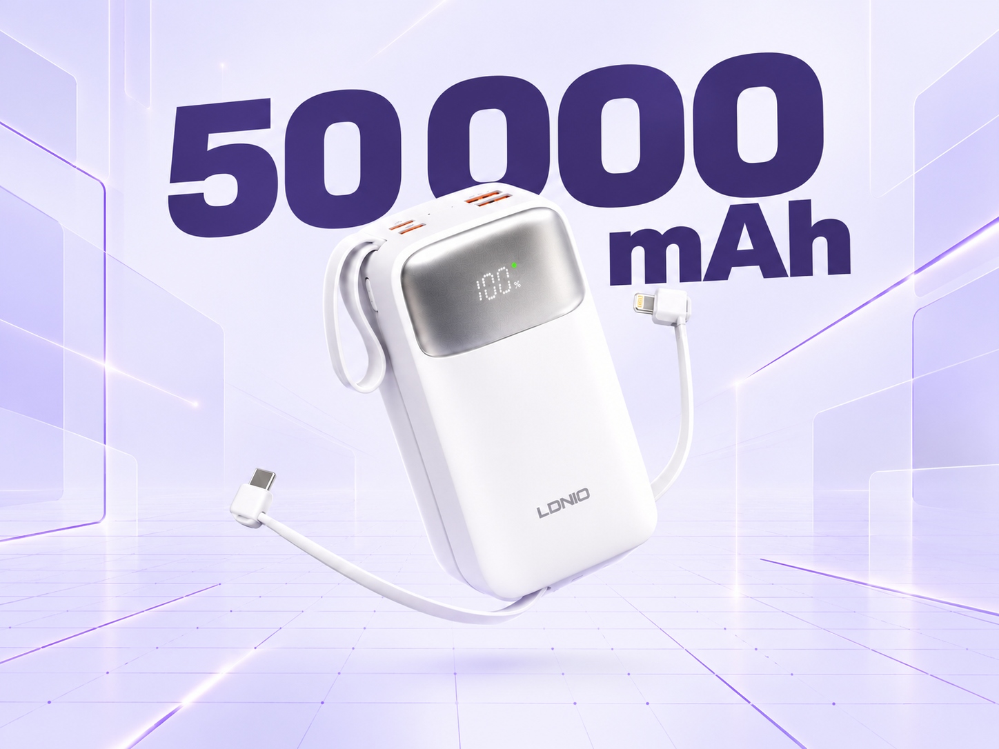 LDNIO PQ50 powerbank 50 000 mAh kapacitással és beépített kábelekkel