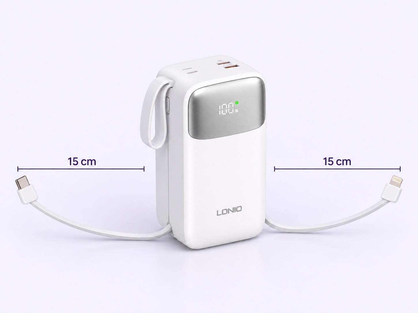 Az LDNIO PQ50 beépített, 15 cm hosszú USB-C és Lightning kábelei