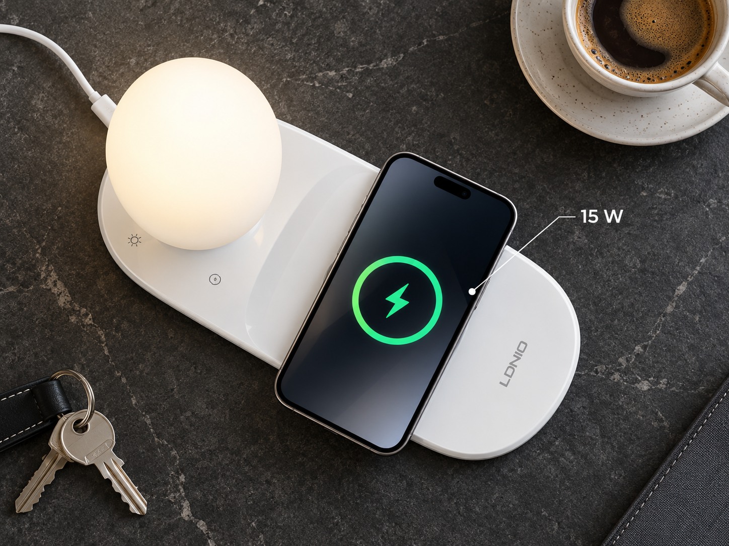 Bezdrátové nabíjení smartphonu na lampě LDNIO Y3 výkonem až 15 W