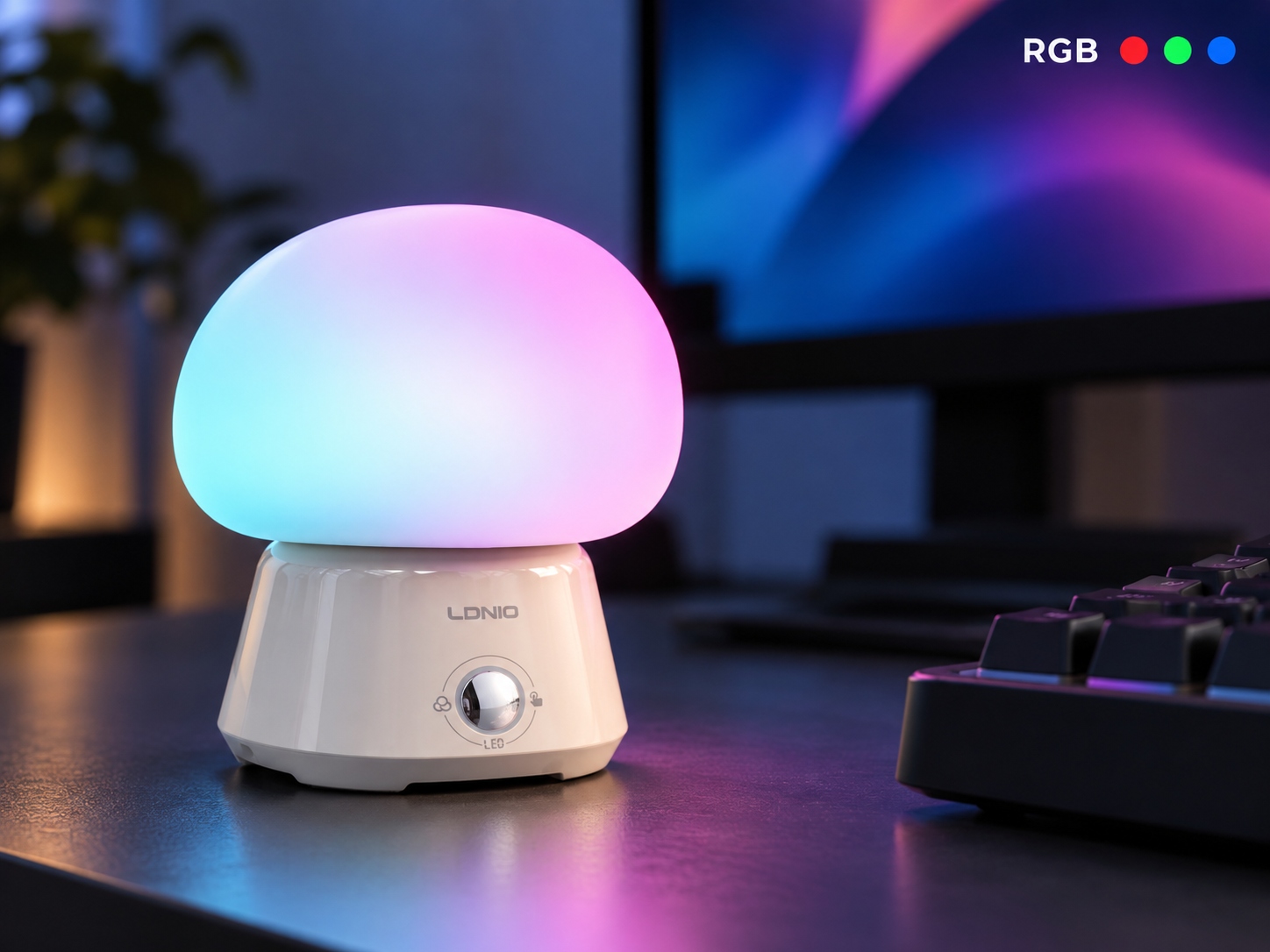 Az LDNIO Y4 lámpa színes RGB világítása a számítógép mellett