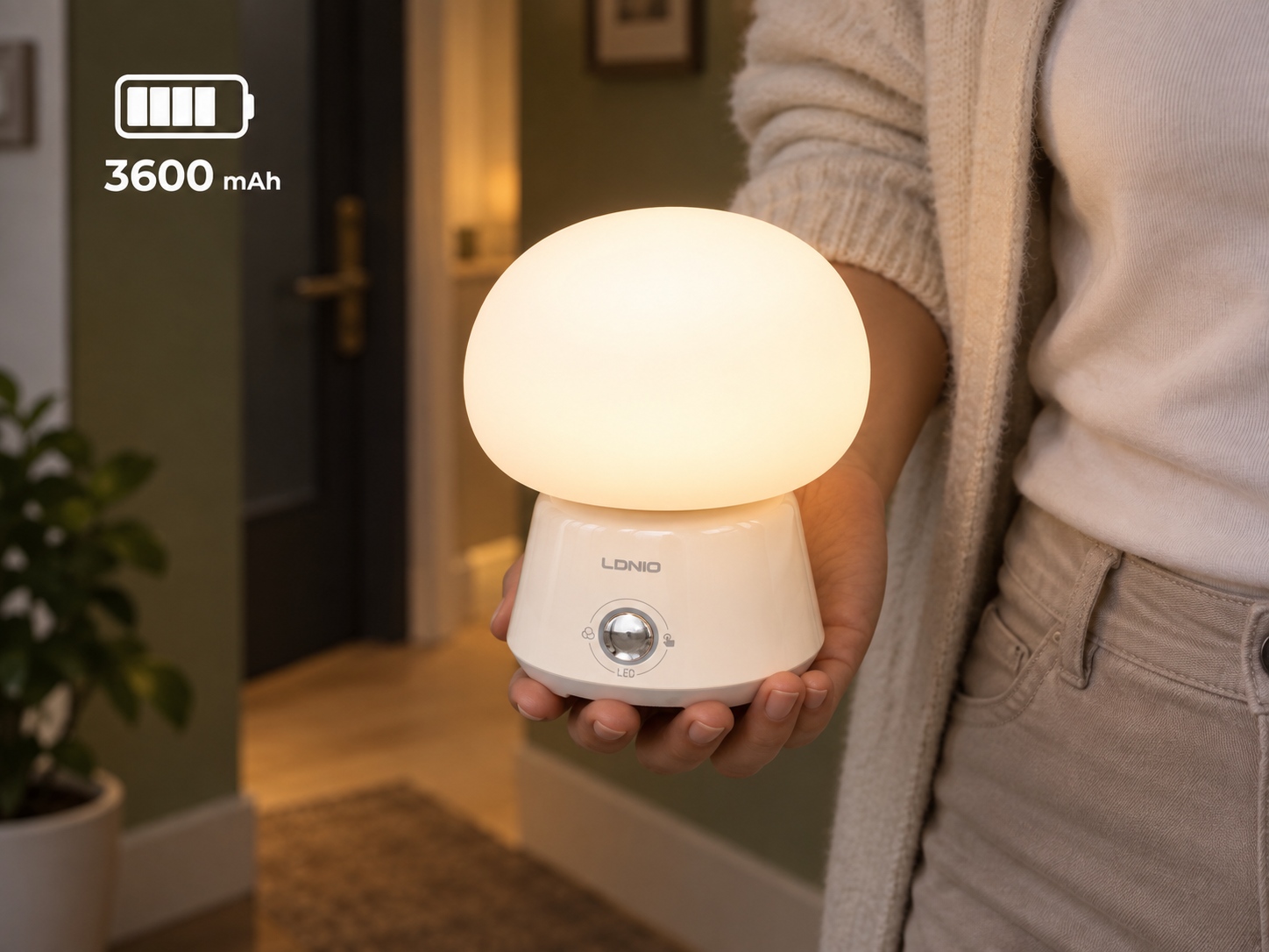 A bekapcsolt LDNIO Y4 lámpa hordozása a beépített 3600 mAh-s akkumulátorral