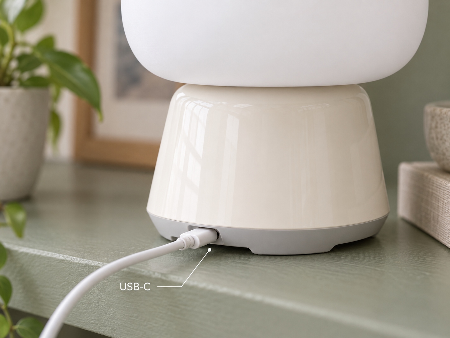 Az LDNIO Y4 lámpa USB-C töltőcsatlakozójának és talpának közeli képe